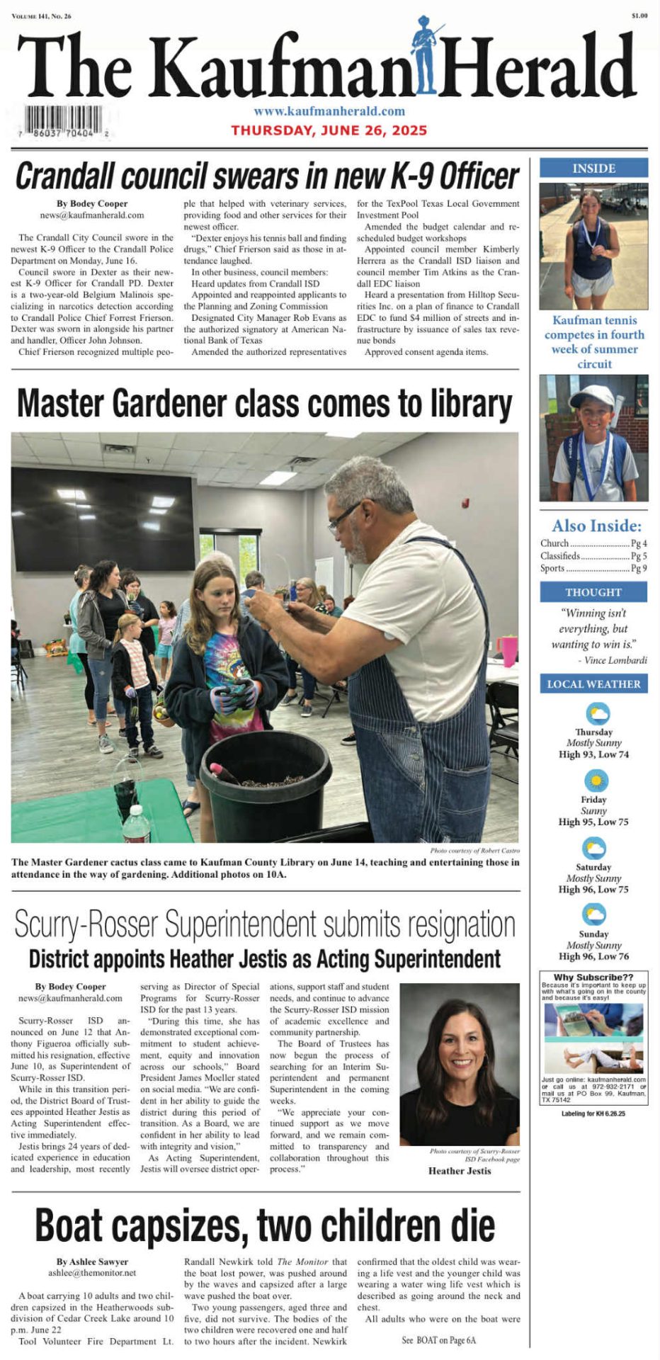 Kaufman Herald front page article featuring Robert Castro's cactus class at the Kaufman Library